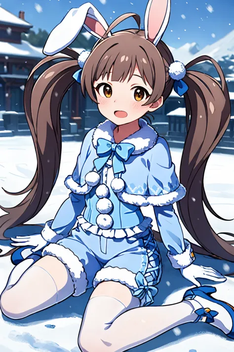 anime girl sitting in the snow with a bunny ears and a blue dress