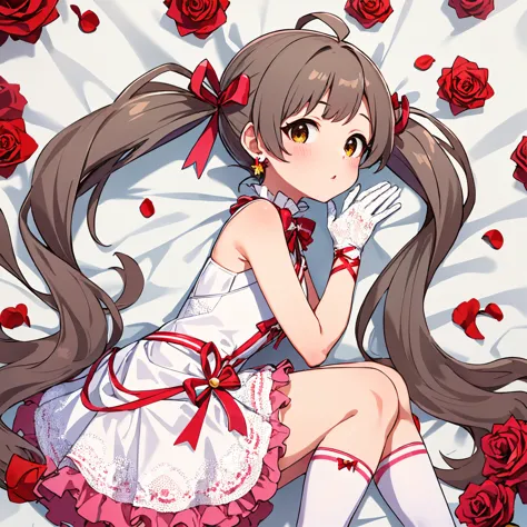 hakozaki serika, pure present, lying, gloves, yellow flower, perfume bottle, solo, rose petals, hair ribbon, pink flower, petals, red flower, flower, rose, 1girl, flower ornament, ribbon, red rose, white rose, bow, ahoge, pink rose, sparkle, dress, looking at viewer, blush, twintails, frilled dress, sleeveless dress, striped bowtie, striped bow, striped ribbon, red bow, red ribbon, white gloves, white legwear, jewelry, white dress, pink skirt, earrings, pearl \(gemstone\), from side, bend knees <lora:hakozaki_serika_locon_v1:0.7>