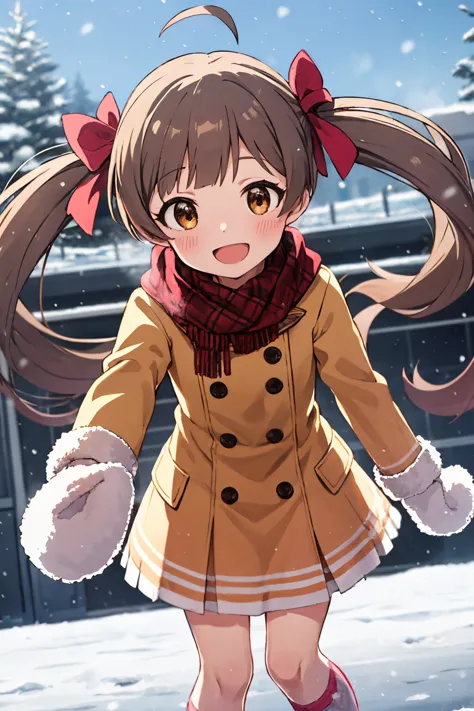 hakozaki serika, little teacher, open mouth, breath, long sleeves, smile, frilled skirt, twintails, ahoge, mittens, outdoors, :d, steam, hair bow, red bow, 1girl, snowing, looking at viewer, blush, brown coat, argyle legwear, double-breasted, plaid scarf, pleated skirt, brown skirt, red scarf, winter coat <lora:hakozaki_serika_locon_v1:0.7>