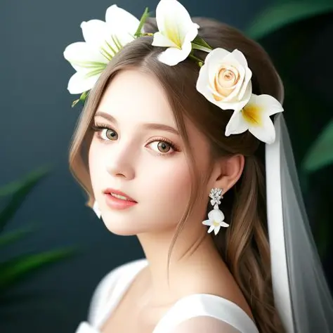 white background,head portrait,1girl, white flower, dress, lily (flower), white rose, earrings, solo, long hair, white dress, ha...