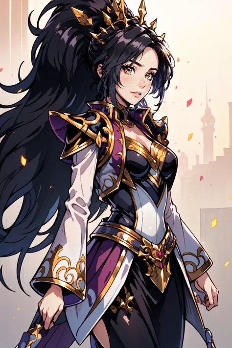 (masterpiece, best quality),  intricate details,
1girl,    black hair, ponytail, skirt, long sleeves, armor, head jewel, tiara,
 mega ponytail, big hair, long hair, very long hair