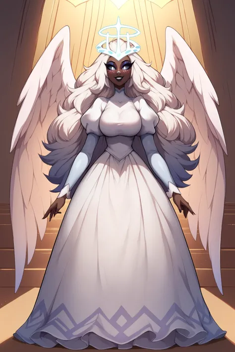 a cartoon picture of a woman dressed in a white dress with angel wings