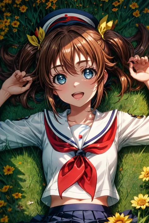 anime girl laying in the grass with her hands up