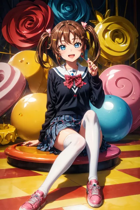 anime girl sitting on a bench with a bunch of balloons in the background