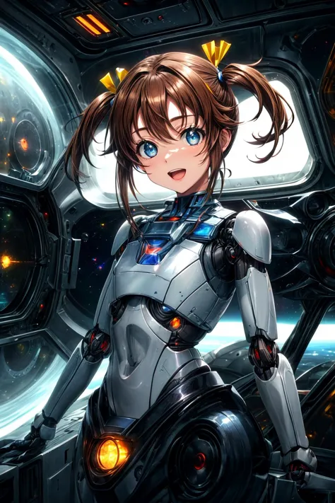 a woman in a futuristic suit standing in a space station