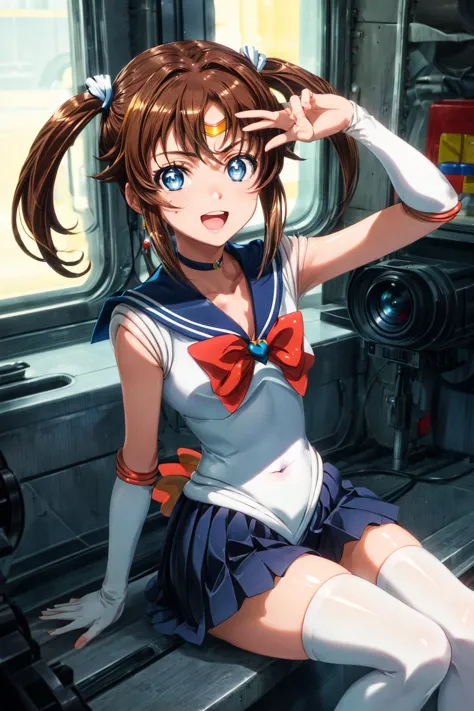 anime girl in sailor outfit sitting on a bench with her hands on her head