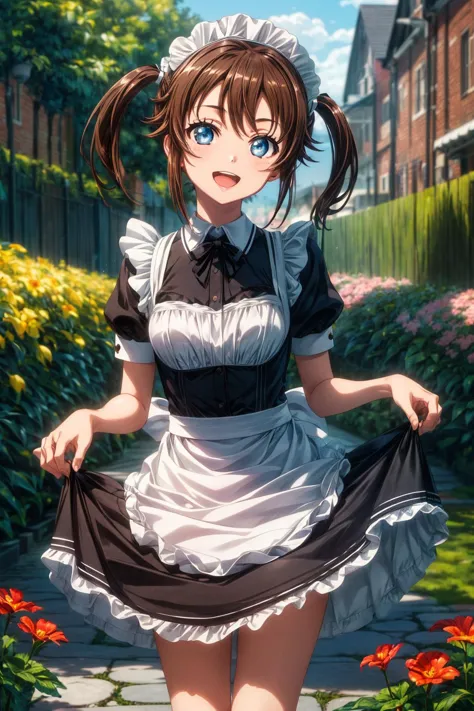 anime maid in a garden with flowers and a house