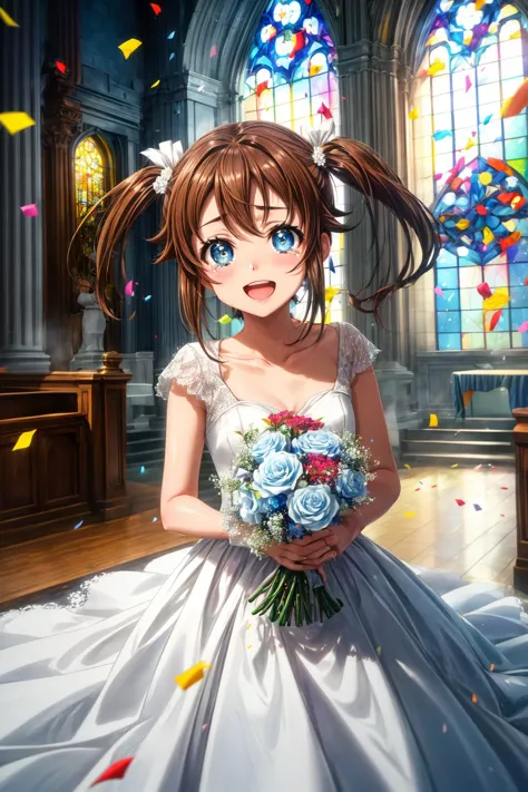 a woman in a wedding dress holding a bouquet of flowers