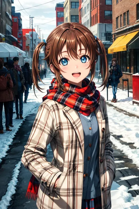 anime girl in winter clothes standing on snowy street with blue eyes