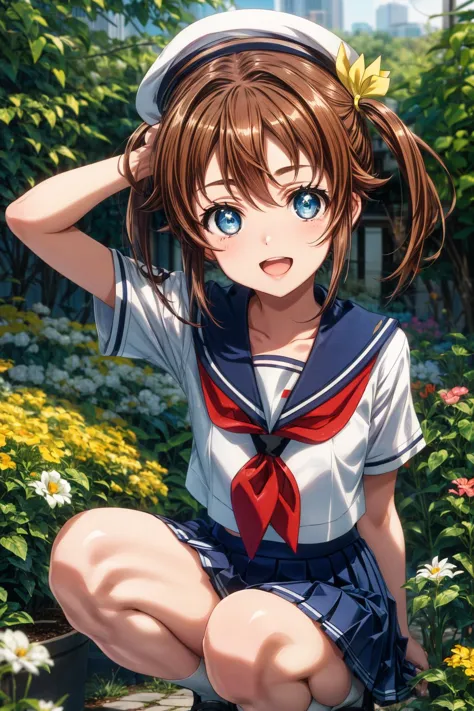 a woman in a sailor outfit kneeling down in a garden