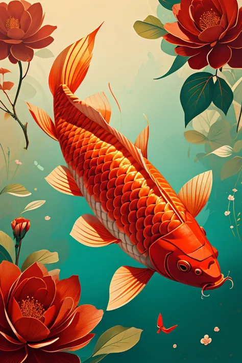 illustration,Chinese digital painting,vector,carp,clean background,flowers and red package,<lora:ãæ¥èloraãå¤å¤é¦é²¤ æ...
