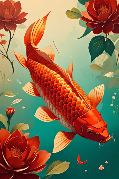 there is a fish that is swimming in the water with flowers