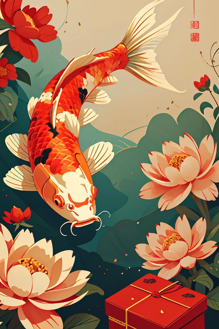 illustration,Peinture numérique chinoise,vecteur,carpe,fond propre,fleurs et paquet rouge,