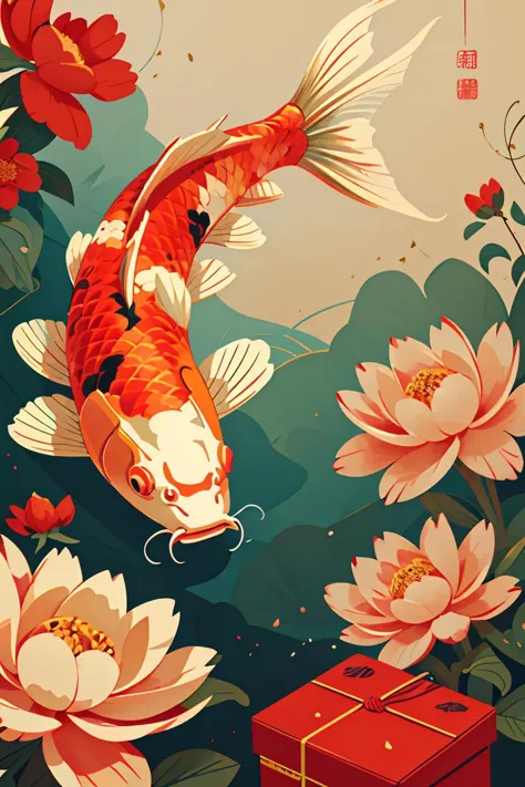 illustration,Chinese digital painting,vector,carp,clean background,flowers and red package,<lora:ãæ¥èloraãå¤å¤é¦é²¤ æ...