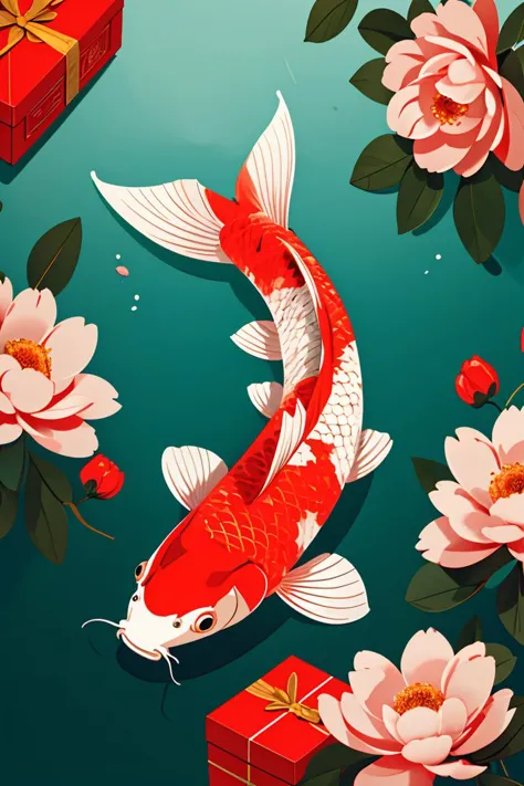 illustration,Chinese digital painting,vector,carp,clean background,flowers and red package,<lora:ãæ¥èloraãå¤å¤é¦é²¤ æ°å¹´æµ·æ¥_v1.0:0.8>,