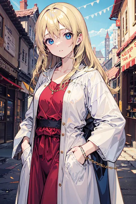 masterpiece, best quality, 1girl, blue eyes, blonde hair, medieval city, looking at viewer, robe, hands in pockets
