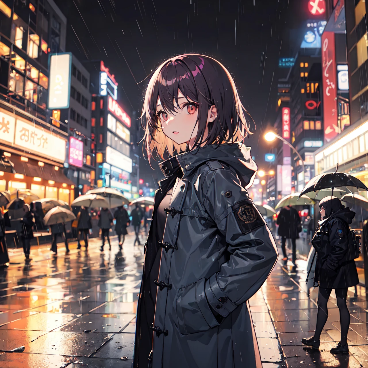 1girl,night city,rain,coat,hands in pockets