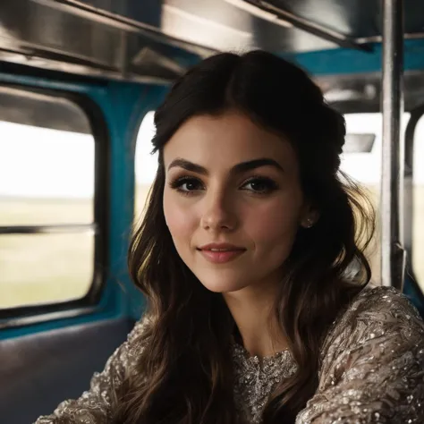 victoria_justice, <lora:VictoriaJusticeXL:1>, sitting in a old bus, 1960, long hair, braid, 60s style clothes, looking at the ca...