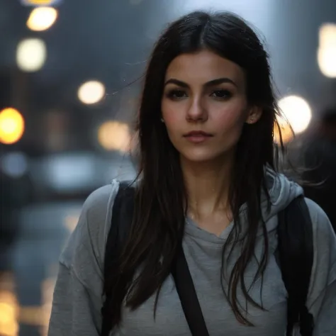 victoria_justice, portrait, close up, tourist, (( very long hair, hair over eye, hair in face, backpack, wild hair, raids, wet hair, wet skin, wet body, soaking wet)), wearing casual clothing, dirty, messy, raining, foggy, dim light, noir style, dystopian city at night, ((perfect eyes, detailed eyes,realistic eyes)), ((sharp face, detailed face, realistic face, naturtal skin, realistic skin, detailed skin, pores))