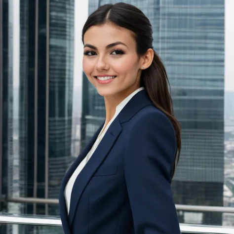 victoria_justice, <lora:VictoriaJusticeXL:1>,closeup photo of a smiling woman in strict navy female business suit, elegant, snaz...