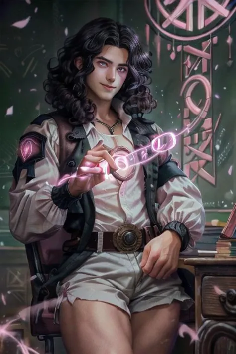 Disney style, (masterpiece), HD, 8K, perfect face, detailed face, expressive eyes, detailed hands,;
1man, bara, solo, handsome, ((curly hair, black hair)), ((pink glowing eyes)), large pink eyes, body hair, hairy thighs, wearing white military vest, white military shorts, crotch bulge, exposed chest, smirk, grin, magic circle, vivid colors;
GlowingRunes_pink;
spellcaster, casting a spell, holding magic gem, looking at viewer, facing viewer cowboy shot, cozy atmosphere, classroom;
<lora:GlowingRunesAIv4:1>, <lora:bulgerk-dickprint:1.4>