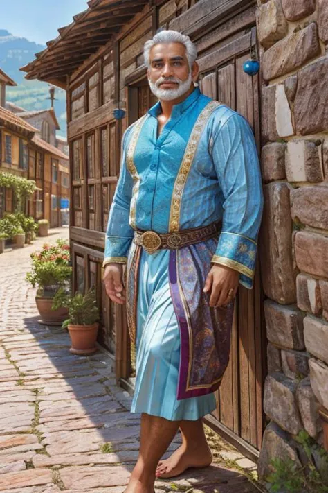 cinematic photo, full length photo of a male Hundred years old, Fit, South Asian, Light blue eyes,   Square Chin with Cleft,    Unique face shape, Sculpted Back, Nasal septum, Light Brown Waves haircut hair, Hope, wearing  , SkyBlue  Damask  Jacquard button-down shirt, , , , Hands on the waist, conveying authority, walking around a medieval village, 35mm photograph, film, bokeh, professional, 4k, highly detailed, (musclebears:0.5)