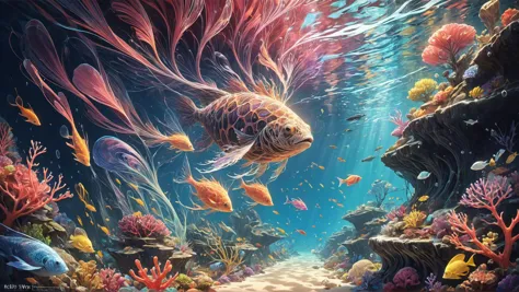 a painting of a fish swimming in a coral reef with other fish