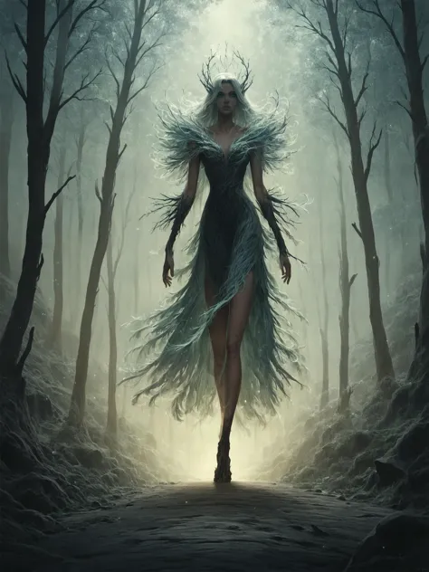 a woman in a black dress walking through a forest