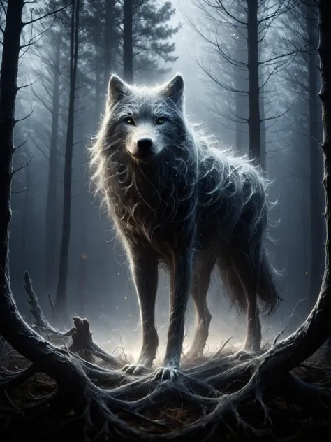 mad-wsps black wolf in the forest, (dense fog:1.3), moonlight,looking at viewer, dynamic pose, cinematic shot, dramatic lighting, <lora:Wisps_of_Light_SDXL:1.2>, masterpiece, best quality, ultra high res, (photorealistic, realistic:1.2), deep shadow, raw photo, film grain, Fujifilm XT3, 8k uhd, dslr