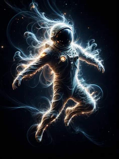 male astronaut made of mad-wsps, floating in space of earth, dynamic pose, cinematic shot, dramatic lighting <lora:Wisps_of_Light_SDXL:1>, masterpiece, best quality, ultra high res, (photorealistic, realistic:1.2), deep shadow, raw photo, film grain, Fujifilm XT3, 8k uhd, dslr