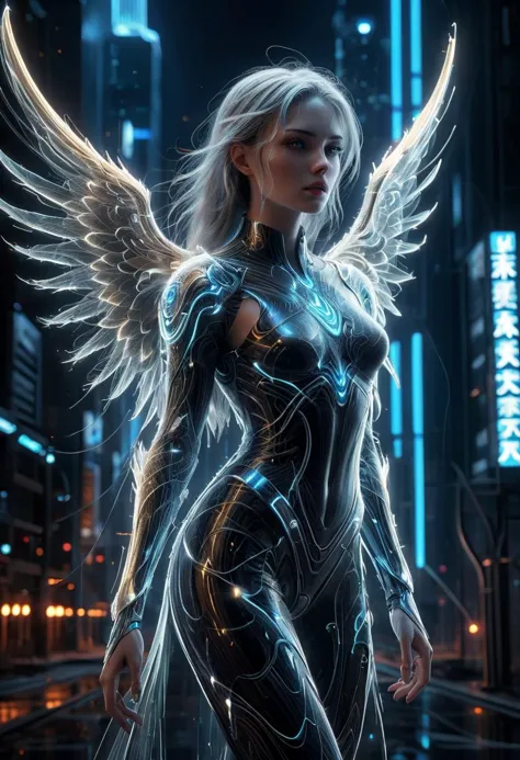 a woman in a futuristic suit with wings standing in the middle of a city