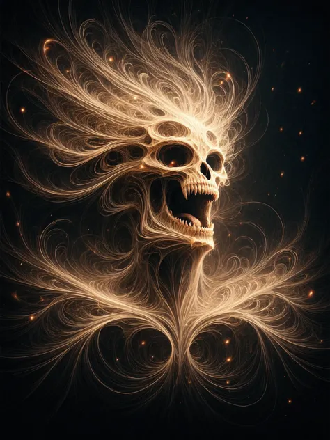 a skull with a long hair and a glowing face