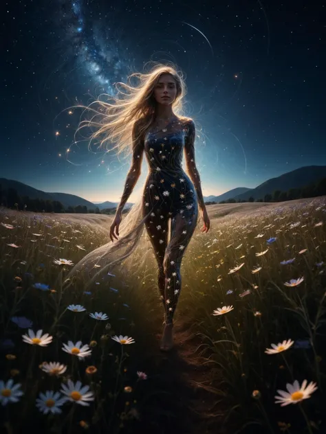 a woman walking through a field of daisies under a starr sky