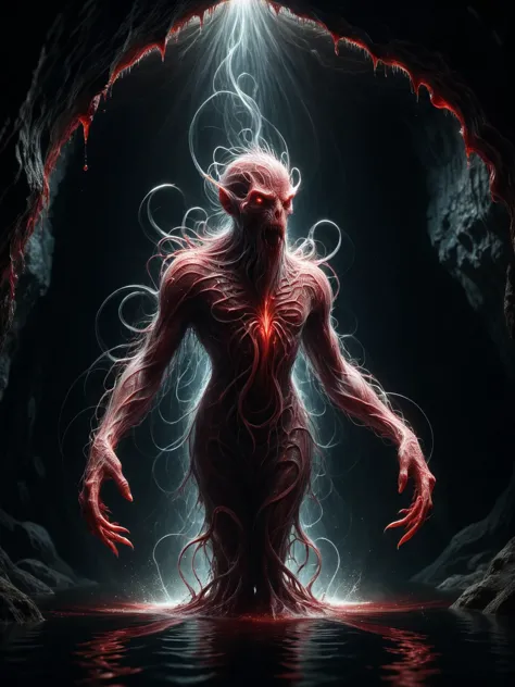 a demonic creature with a glowing head and arms stands in a dark cave