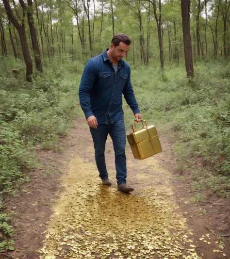 (full body photo) of a person finding an abandoned case full of gold