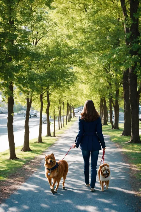 (photo) of a person walking her dog