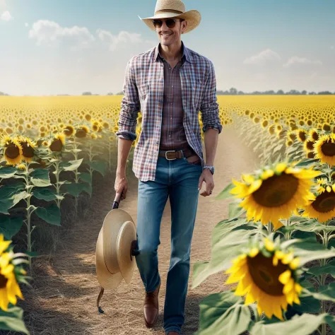 a skinny man  wearing a checkered shirt and a wide brimmed hat walks in the sunflower field | | sunny, dreamlike art, mist, realistic shaded, smile, good looking, fine details, 4K realistic, cryengine, realistic shaded lighting poster by greg rutkowski, ma...