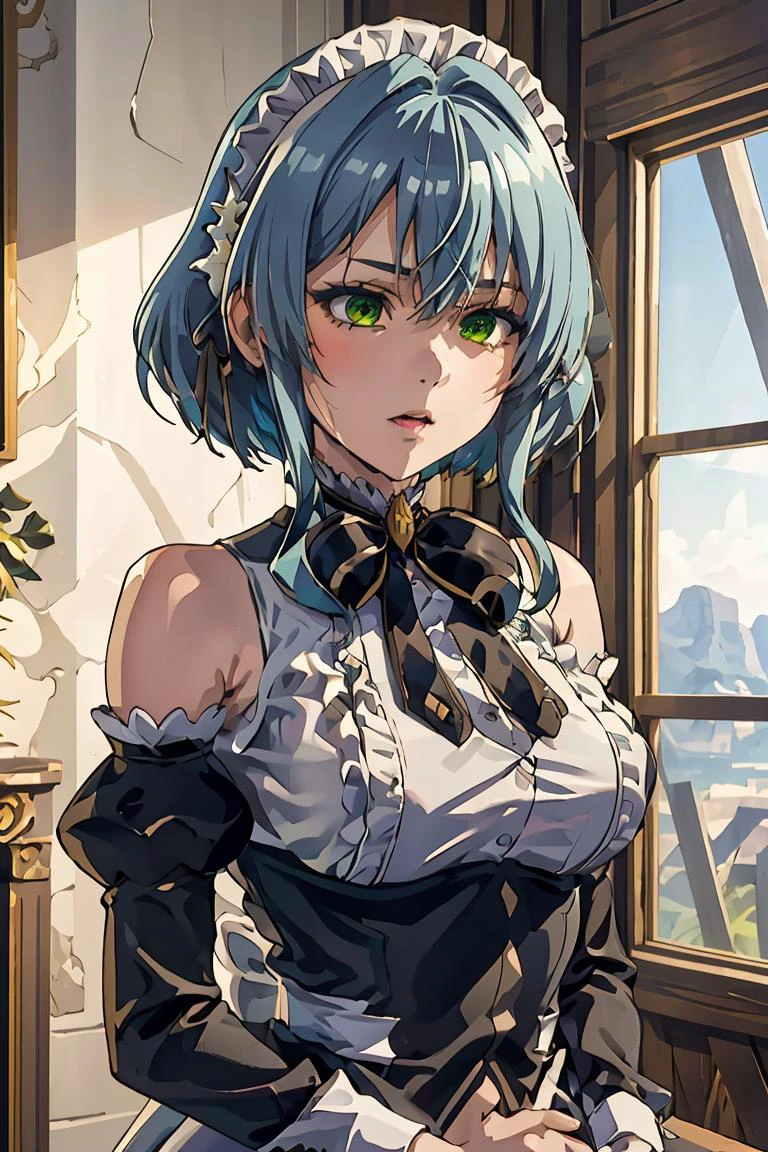 Anime girl aux cheveux bleus et une robe noire et blanche - SeaArt AI