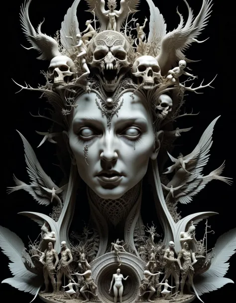 a close up of a sculpture of a woman with skulls and birds