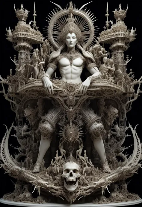 a sculpture of a man sitting on top of a pile of skulls