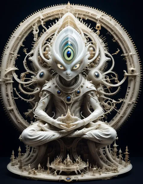 high quality art photo of a maximalist white alabaster sculpture by kris kuksi featuring an alien seer, seated meditation pose, fused with machinery and ectoplasm gone crazy, dark background