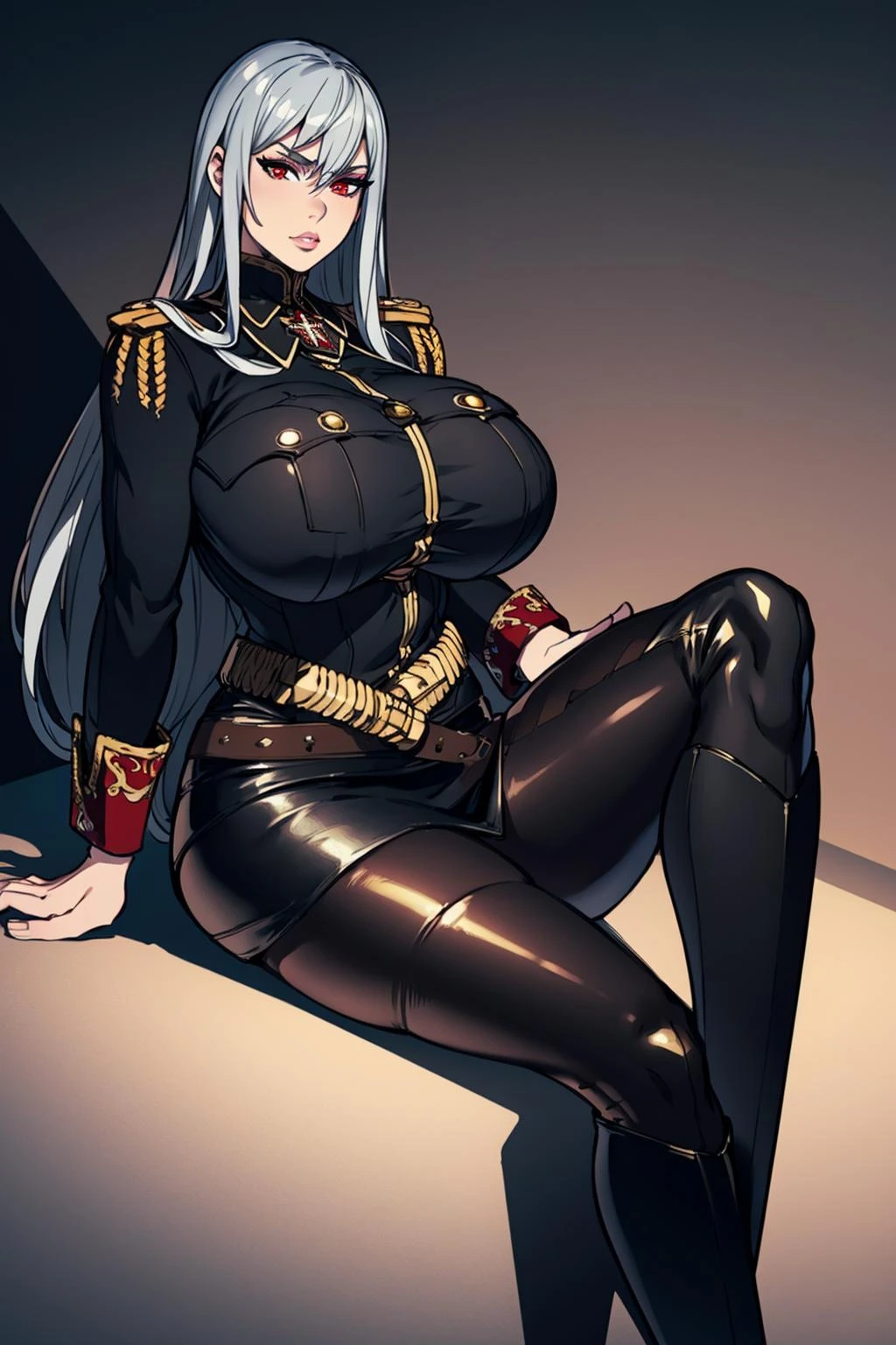 8k, 4k, intricate details, cinematic lighting, stunning environment, ornate, (realistic:1.3), detailed face, detailed eyes, detailed shadows, 1girl, solo, curvy, gigantic breasts, thick thighs, very long hair, silver hair, red eyes, (military uniform:1.1), black uniform, golden ornament, high heels, high boots, belt, golden belt, mini skirt, (tight skirt:1.1), (black leather pantyhose:1.1), 