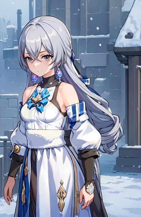 ((masterpiece)), bronyarand, 1girl, solo, very long hair, medium breasts, masterpiece, best quality, high quality, best quality, highres, ((beautiful detailed eyes)), (very detailed face), looking_at_viewer, outdoors, emotionless face, looking at viewer (((anime screencap))), (snow in background),<lora:Honkai Star Rail-bronya rand:1>,  <lora:thickline_fp16:0.4>,