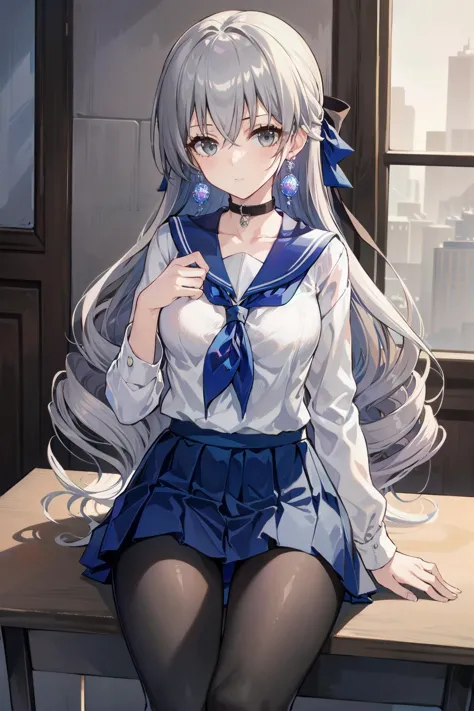 1woman, skirt, blue_sailor_collar, gray_skirt, collarbone, desk, looking_at_viewer, miniskirt, blue neckerchief, no_shoes, pleat...