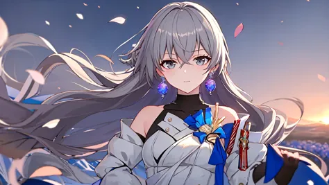 masterpiece, best quality,
bronyarand, solo,
hands on hip, swirls of magic, floating_flower_petals, 
field of flowers, cinematic lighting, scenic light, sunset, 
grey eyes, earring,
upper body,
<lora:Honkai Star Rail-bronya rand:1>