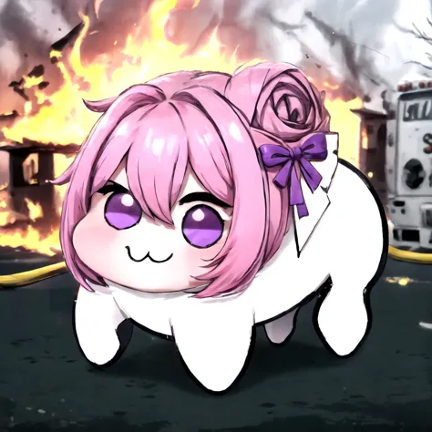 anime girl with pink hair and purple eyes standing in front of a fire