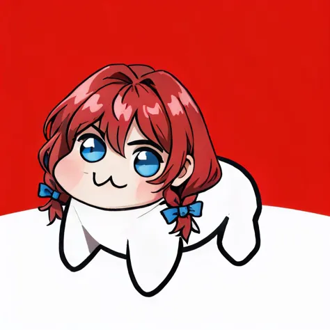 anime girl with red hair and blue eyes laying on a white surface