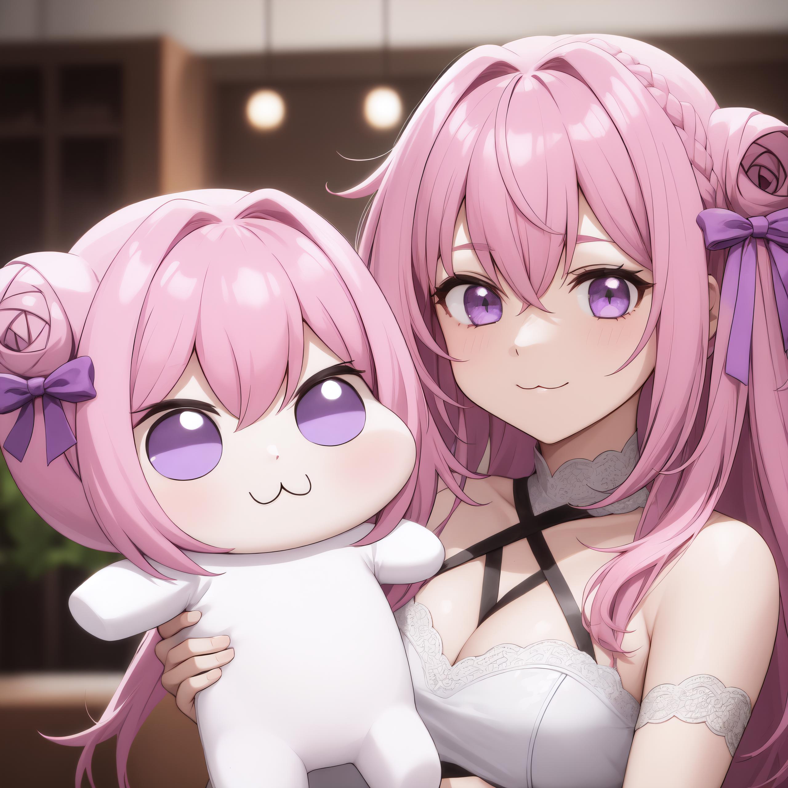 Anime girl with pink hair holding a stuffed animal in her arms - SeaArt AI