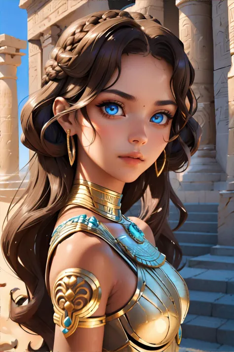 portrait of female in her Late thirties,  Caramel skin, Light Blue eyes,  Malted Milk Ball Brown  Long Side-Swept Curls Hairstyle, wearing  Padded Shoulder Top,  Ancient Egyptian tomb entrance with intricate hieroglyphs and a stone sphinx || portrait, skin, hair, fabric, masterpiece, 8k, high resolution, shallow depth of field, sharp focus