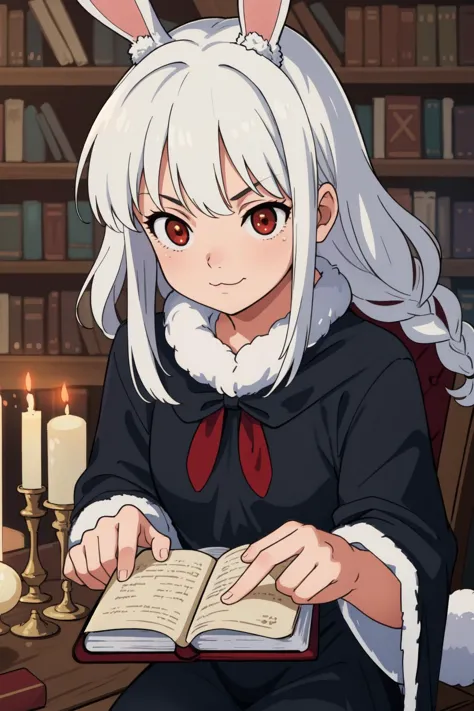 anime girl with white hair and rabbit ears reading a book